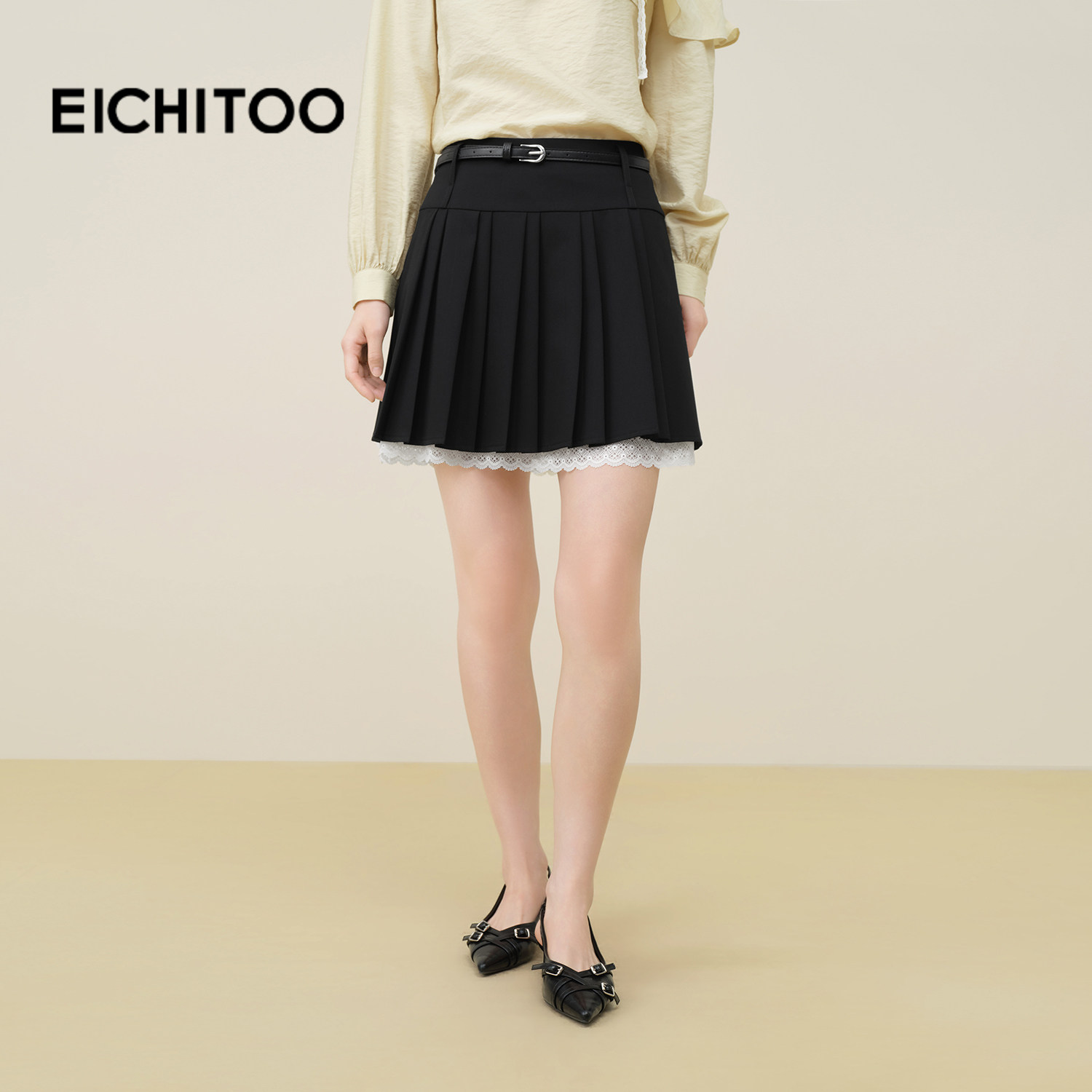 爱居兔蕾丝下摆半身裙短裙女2025年秋季新款女学院风A字百褶单裙