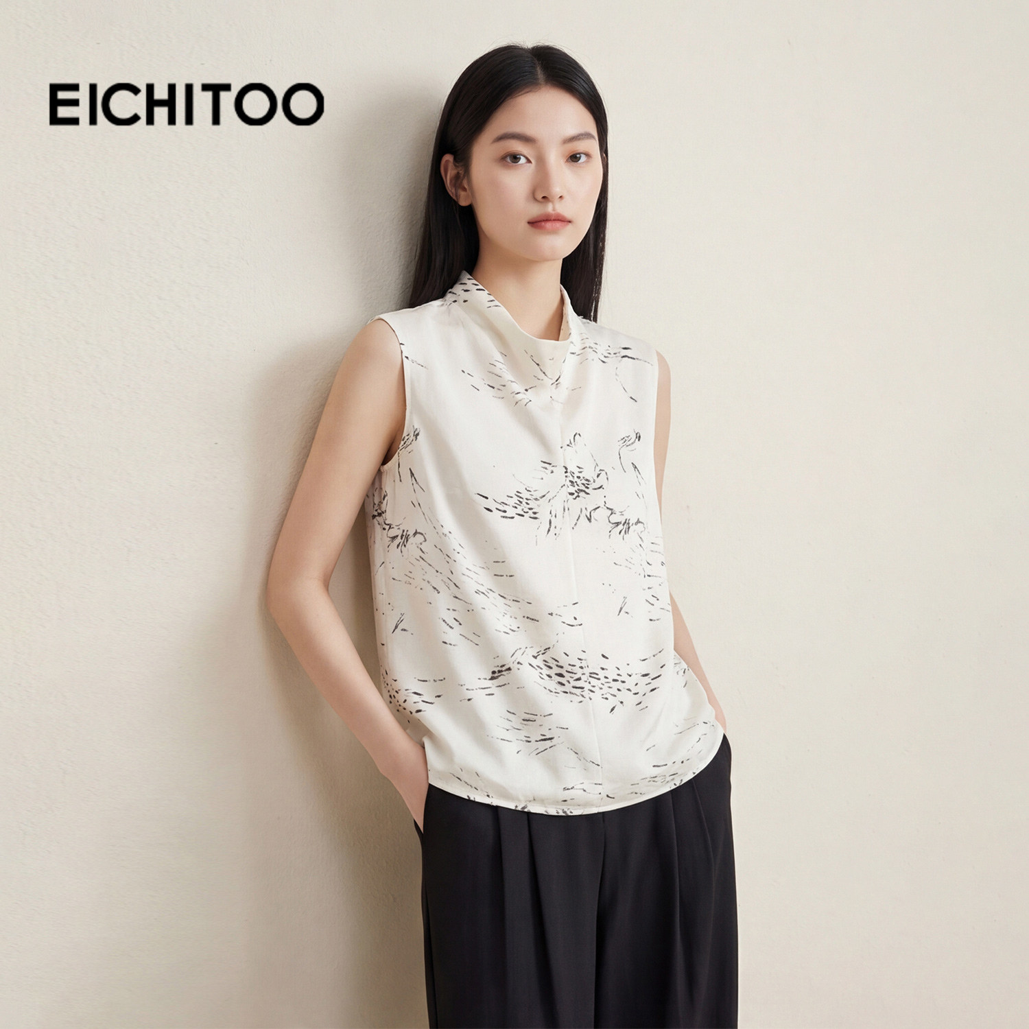 爱居兔法式优雅荡领无袖雪纺衫女2026年夏季新款时尚高级感衬衫