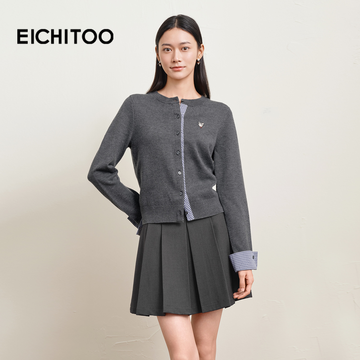 门襟袖口拼接MIU系格子高级时髦