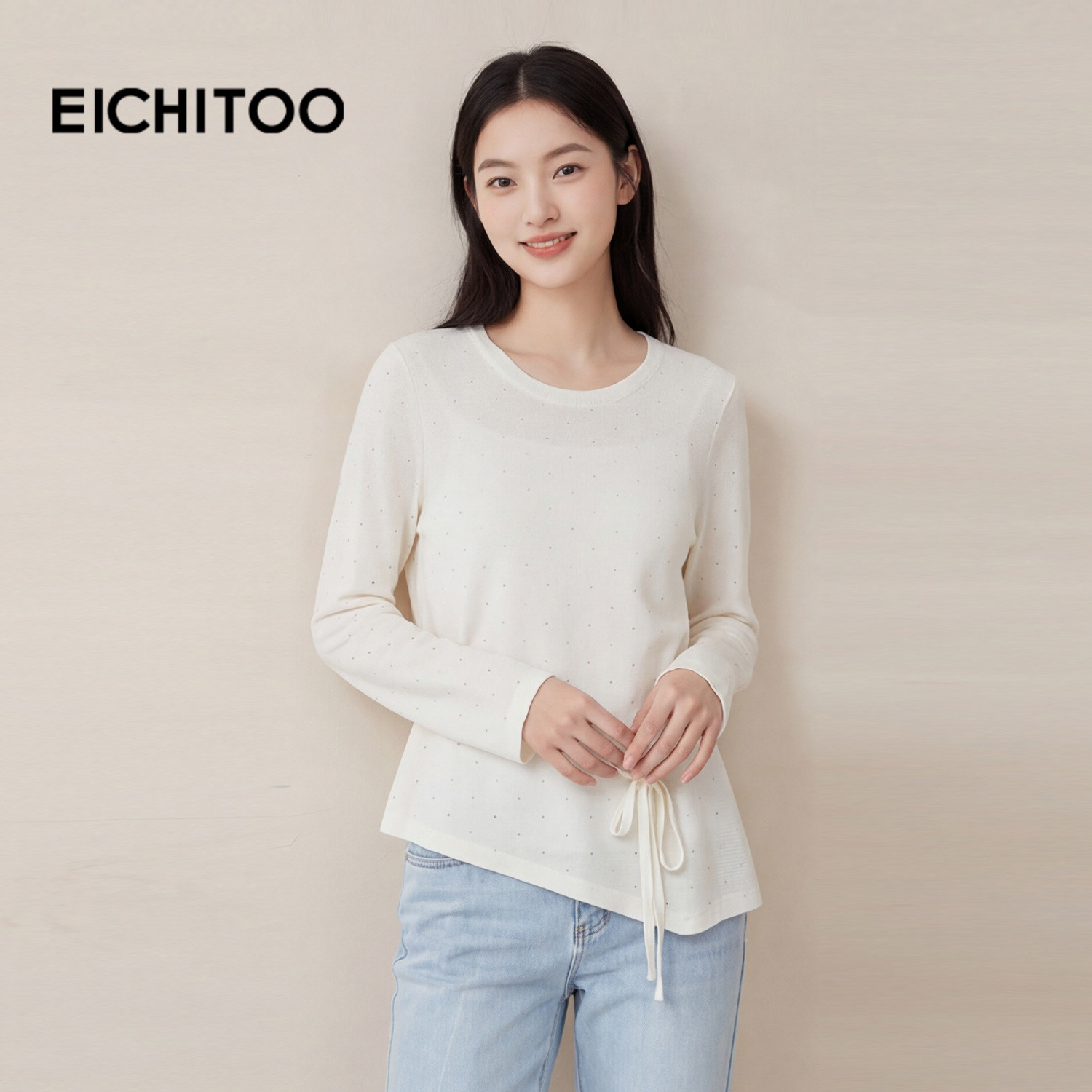 爱居兔慵懒风圆领针织衫女2026年春季新款设计感亮片系带收腰上衣