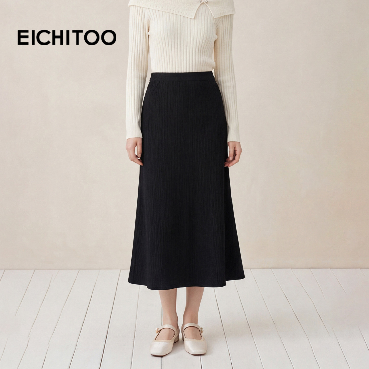 爱居兔长款鱼尾半身裙女春秋新款褶皱高腰显瘦包臀裙单裙子