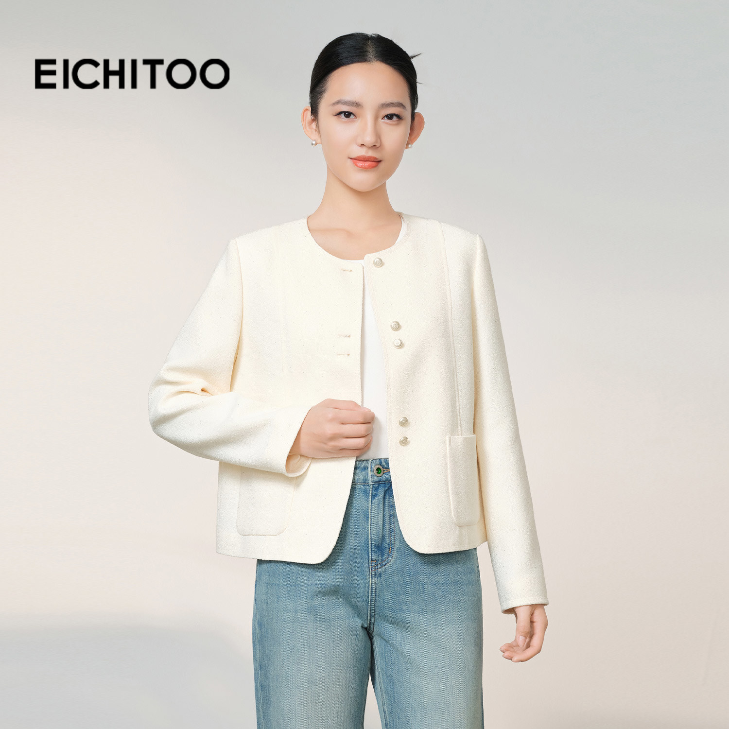 爱居兔小香风优雅短外套女2026年春季新款简约气质圆领小个子上衣