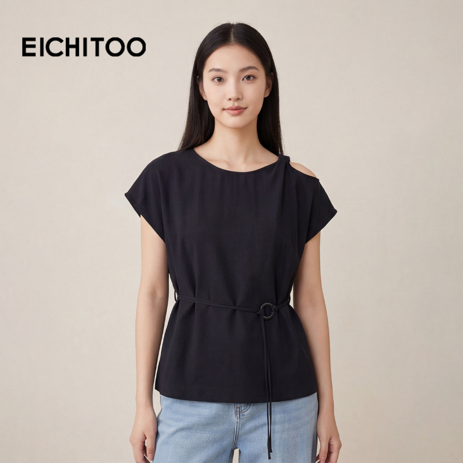 爱居兔莱赛尔亚麻品质衬衫女2026年夏季新款露肩系带收腰百搭小衫