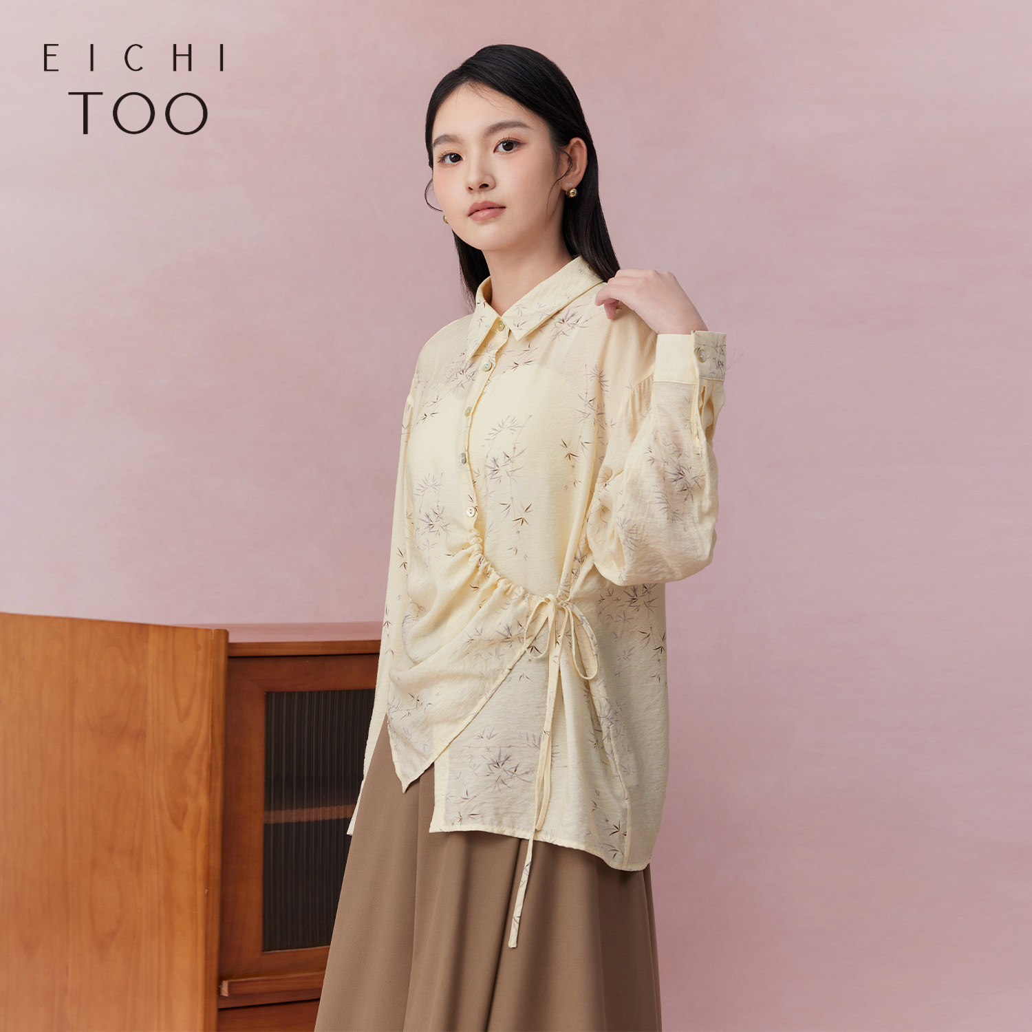 爱居兔春季新款复古时尚印花设计长袖休闲衬衫