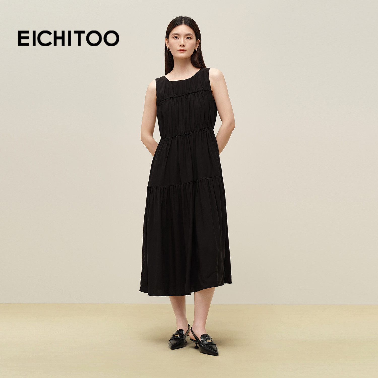 爱居兔莱赛尔无袖中长款连衣裙女2025年秋季新款优雅小黑裙蛋糕裙