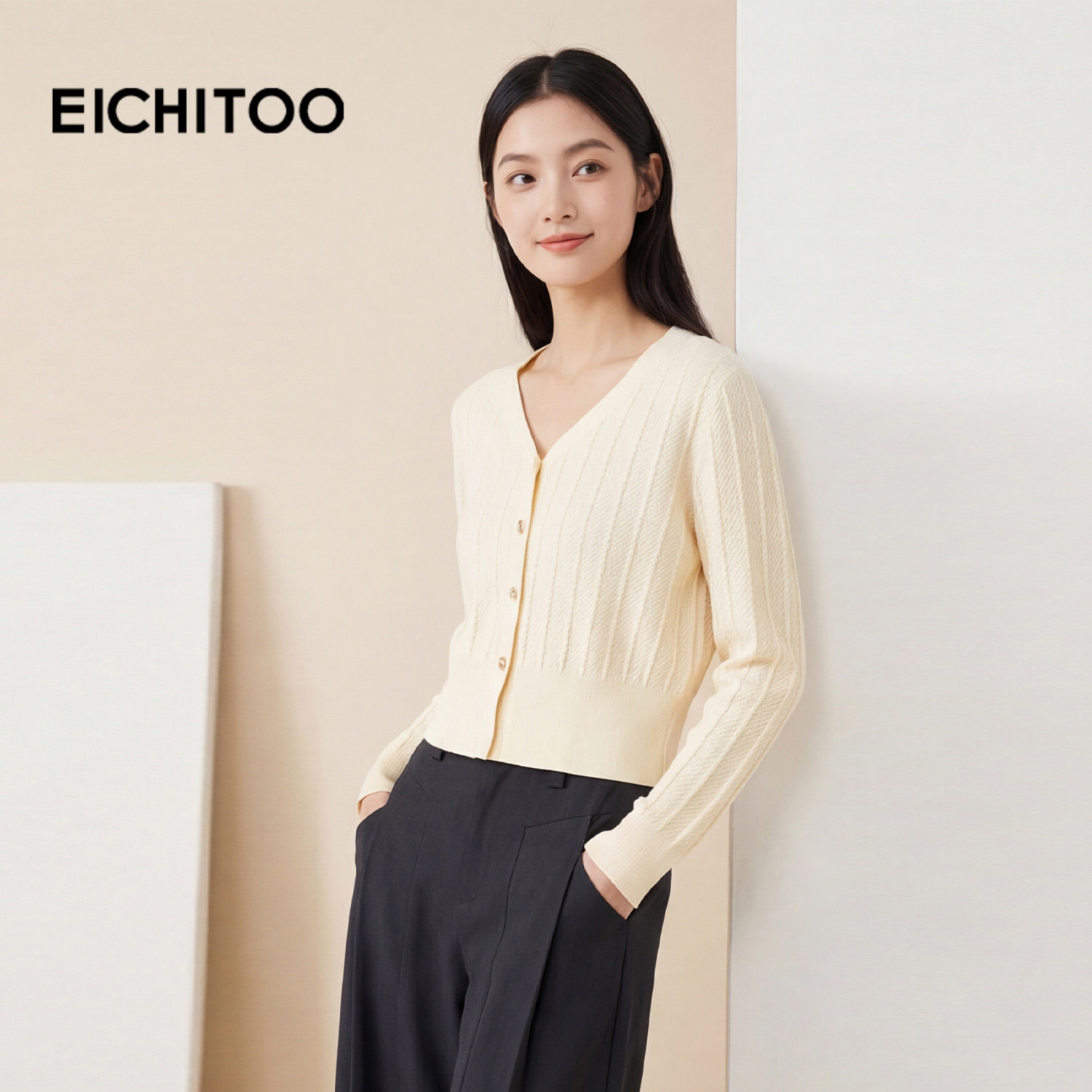 爱居兔长袖针织衫女春秋新款肌理感显瘦V领慵懒毛衫上衣