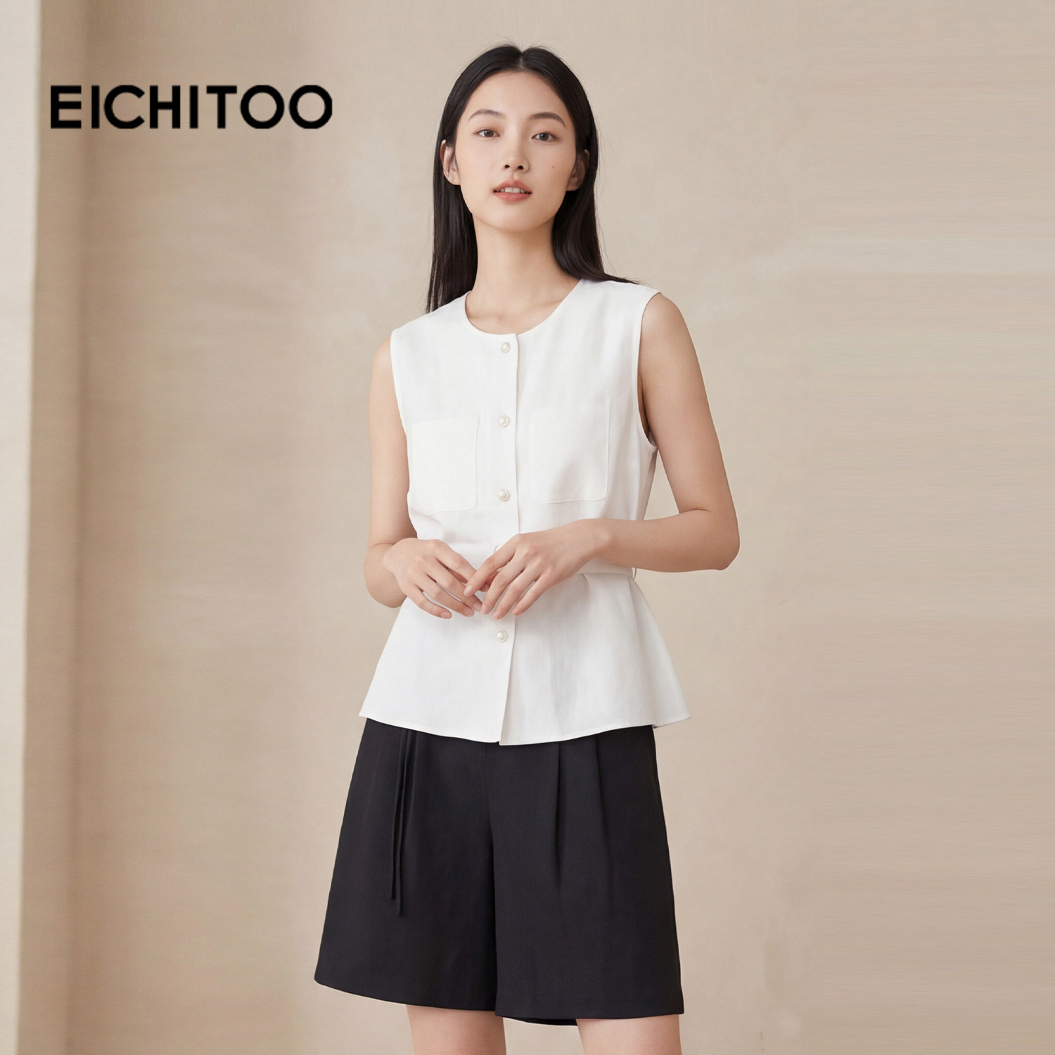 爱居兔莱赛尔亚麻白色无袖衬衫女2026夏季新款老钱风气质通勤上衣