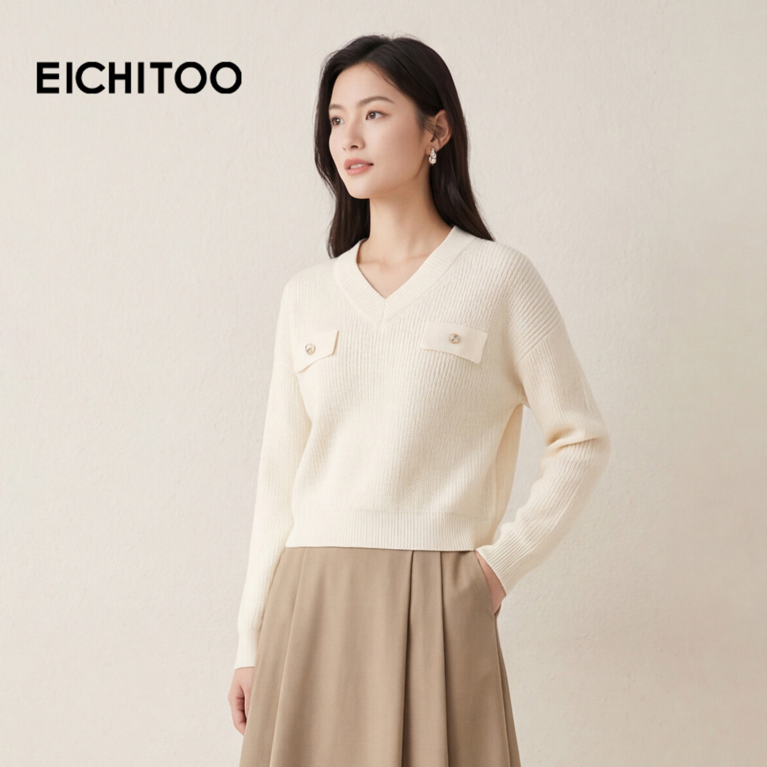 爱居兔V领蝴蝶结软糯长袖针织衫女2026年春季新款时尚毛衣上衣