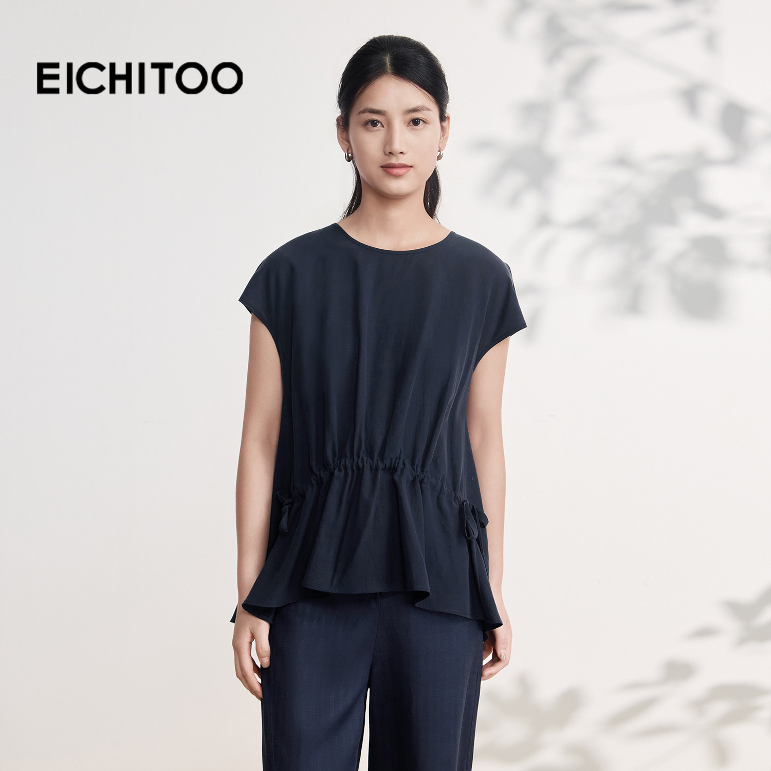 爱居兔多色休闲气质雪纺衫2026年夏季新款女圆领收腰宽松短上衣