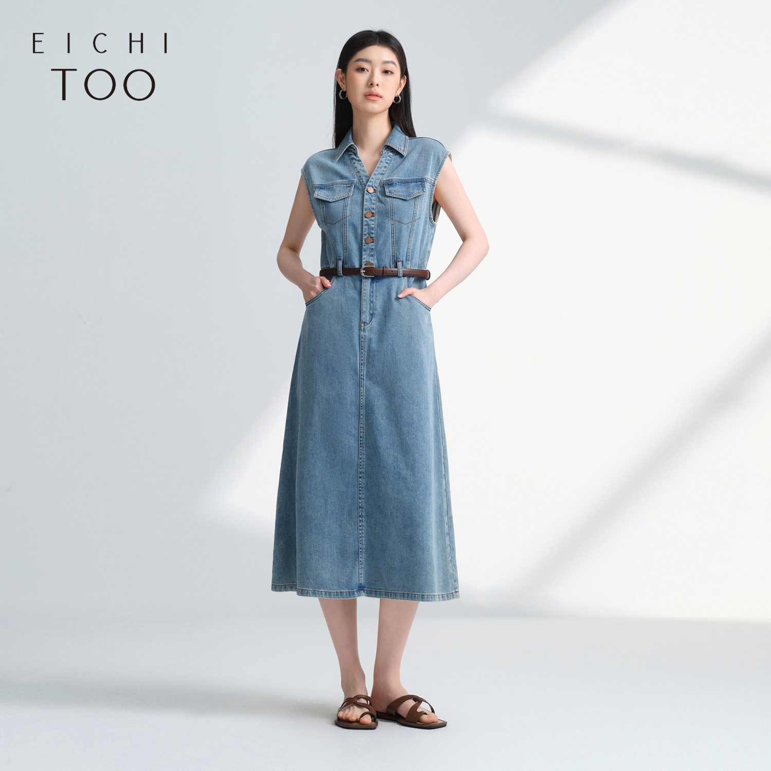 爱居兔翻领牛仔连衣裙女2025年夏季新款腰带收腰显瘦气质短袖长裙