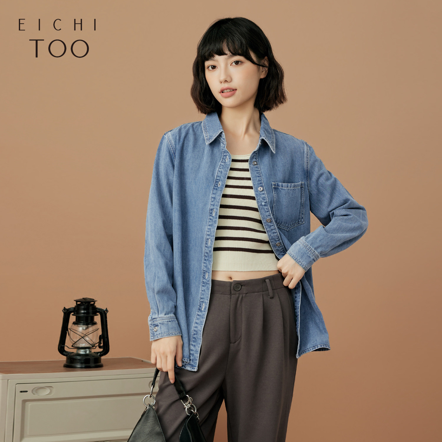 爱居兔秋季新款经典时尚翻领牛仔衬衫