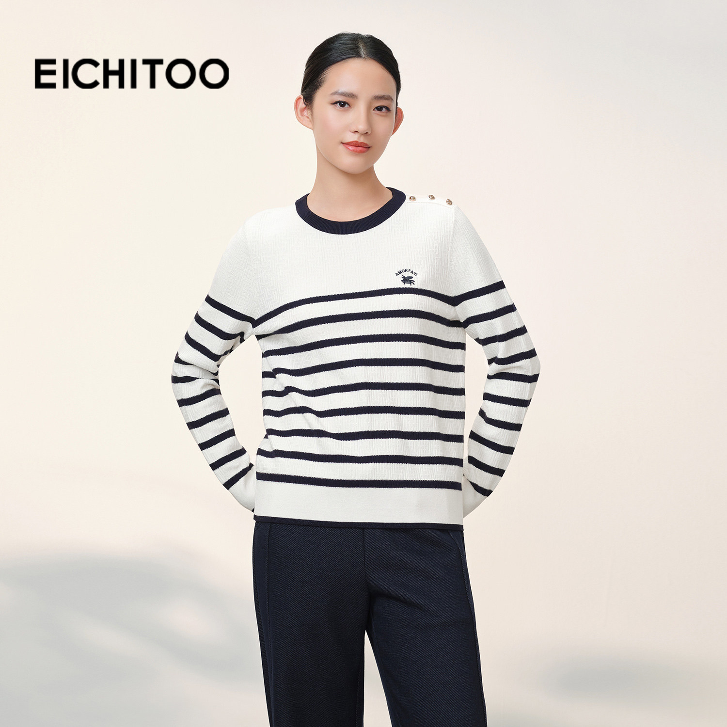 爱居兔圆领撞色条纹针织衫女2026年春季新款时尚舒适长袖套头毛衣