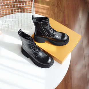 砖贵尾单 靴粗高跟女短靴 真皮潮流马丁靴2025秋冬加绒复古时装