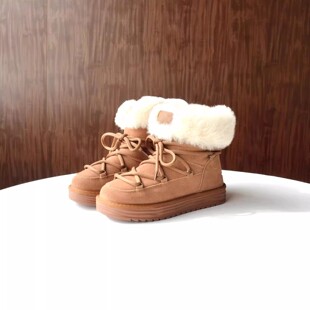砖贵微瑕~ 牛反绒羊毛女棉鞋2025冬季保暖厚底绑带休闲真皮雪地靴