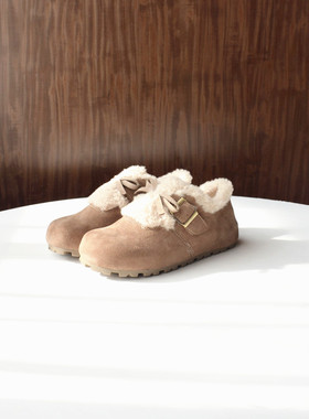 36 38 39码撤柜单！牛反绒保暖勃肯鞋2025冬复古搭扣蝴蝶结女棉鞋