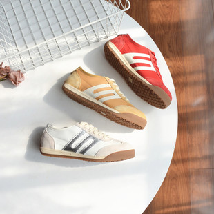 圆头系带休闲透气板鞋 门店609 阿甘鞋 女2026春夏季 复古真皮德训鞋