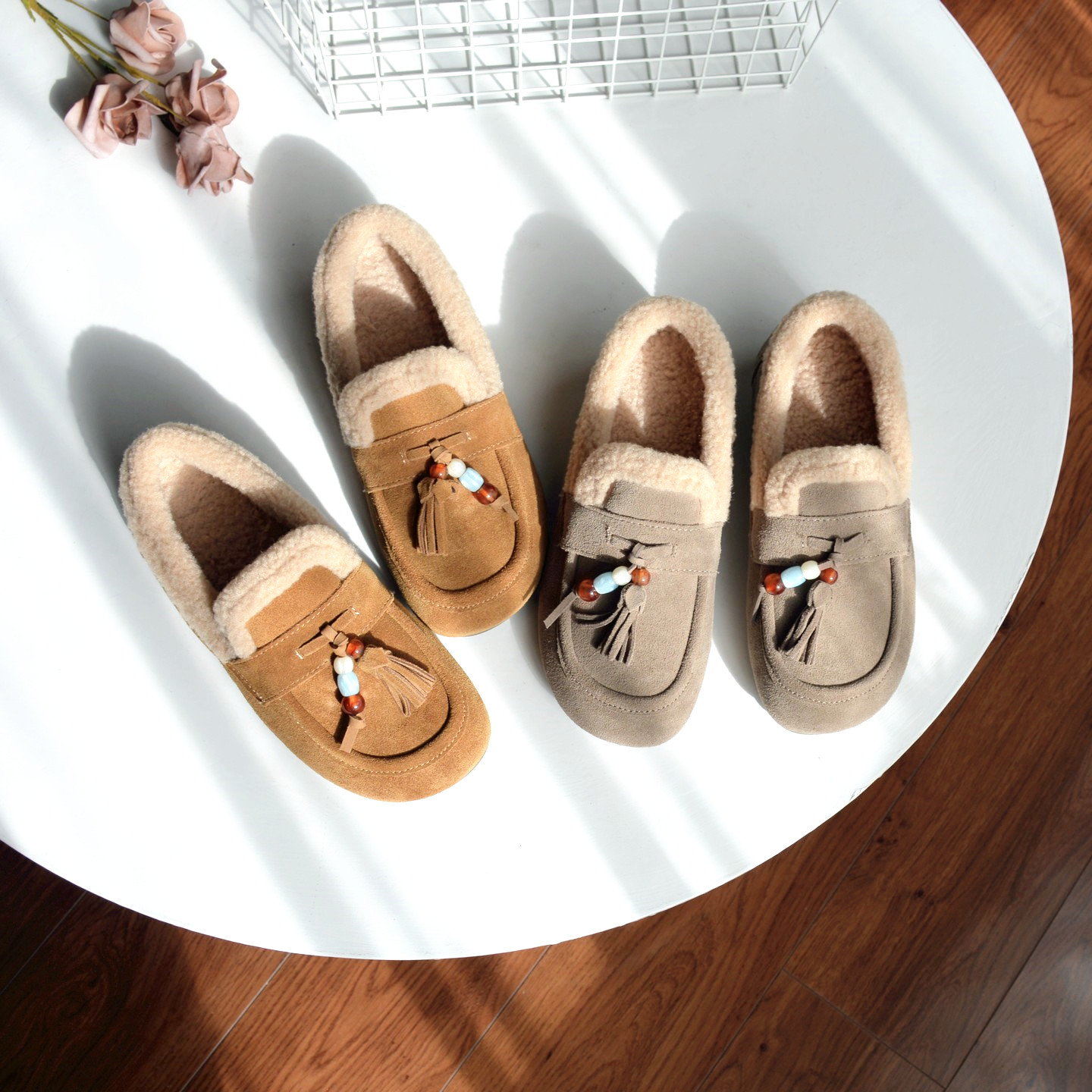 牛反绒真皮勃肯鞋2025冬季小流苏毛毛鞋一脚蹬加绒保暖通勤女棉鞋