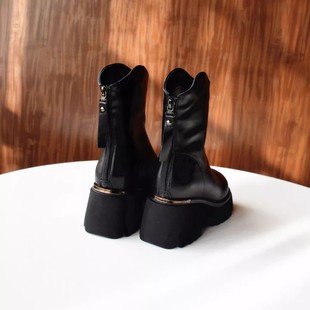 柔软弹力瘦瘦靴2025秋季 门店609 英伦后拉链粗跟女短靴 清仓 断码