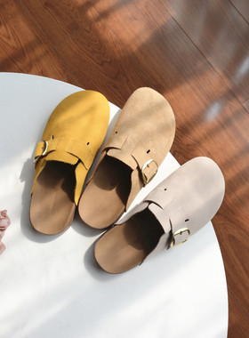 门店799 牛反绒真皮勃肯鞋2026春夏懒人半拖休闲厚底百搭女凉拖鞋