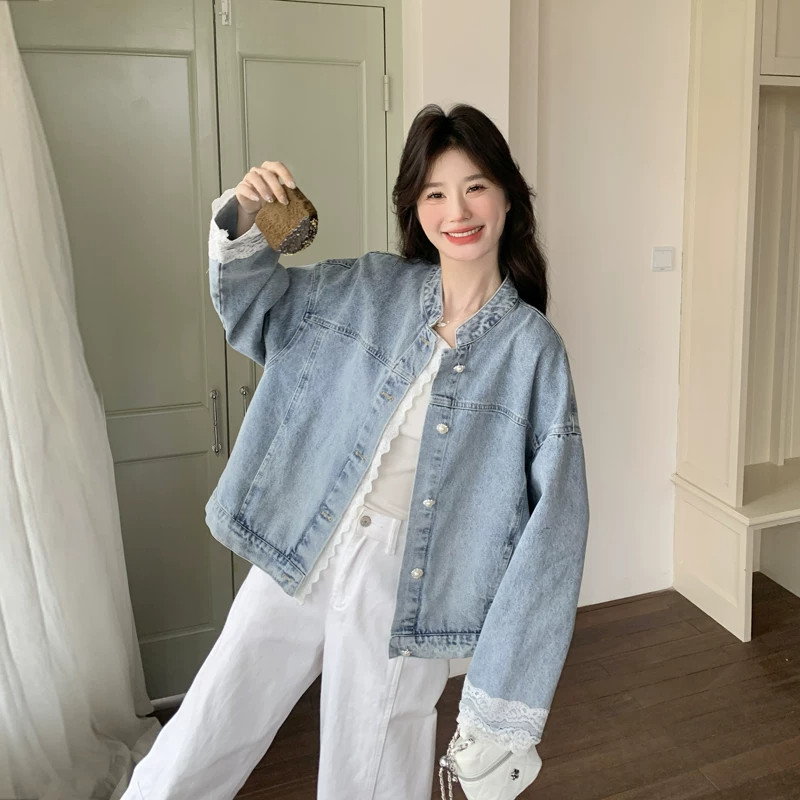 蓝色蕾丝拼接牛仔外套女2026春季新款小个子独特超好看夹克上衣潮