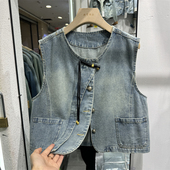 复古国风不规则牛仔马甲女夏季 背心坎肩上衣马夹外套 宽松百搭无袖