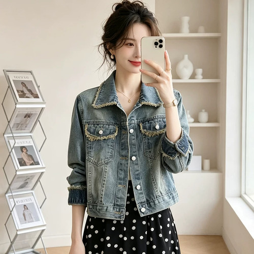 超火毛边短款牛仔外套女夹克上衣