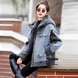 加厚牛仔拼接仿羊羔绒外套女短款加绒上衣秋冬季2025年新款欧洲站