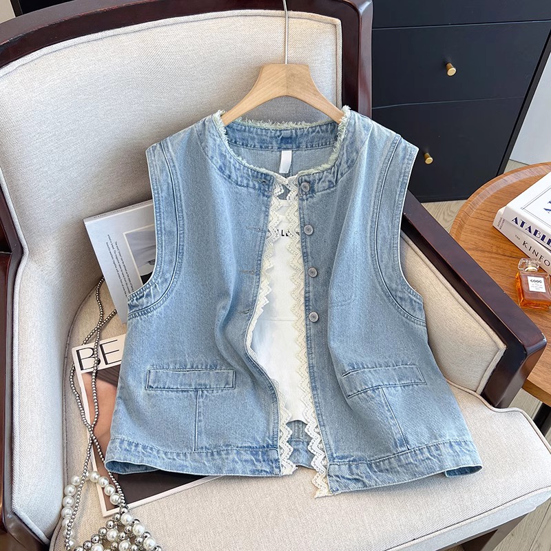 甜美拼接花边复古牛仔马甲外套