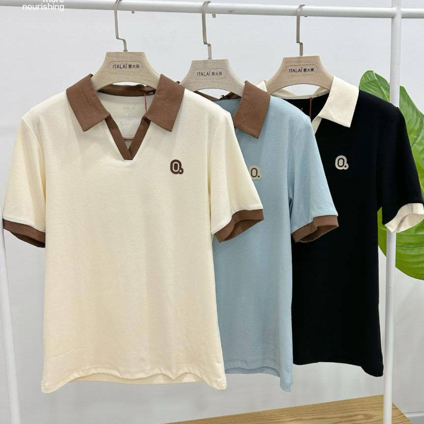 意大莱女士冰感蚕蛹罗纹T恤显瘦翻领短袖黑色POLO衫半袖新款5119