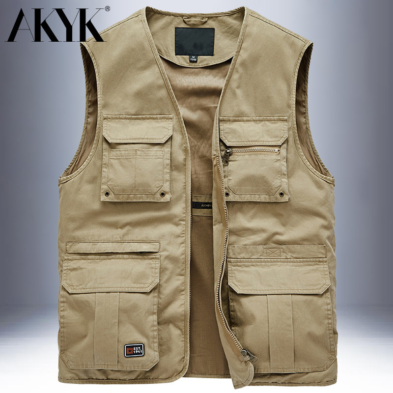 春秋工装马甲男款钓鱼背心纯棉多袋宽松大码户外休闲徒步摄影马夹