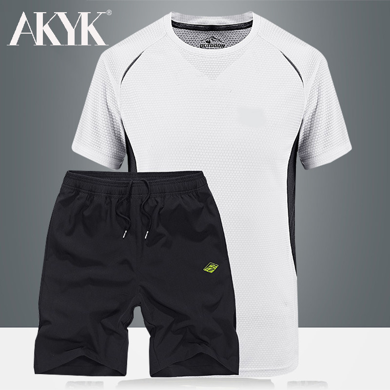 夏季短袖t恤套装男宽松大码速干衣薄款透气跑步运动短裤套装T恤衫