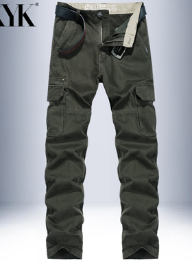 AKYK秋冬季纯棉休闲工装裤男宽松直筒多口袋纯色百搭青年休闲长裤
