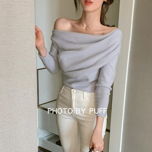 现货 秋冬韩国正品东大门一字领露肩毛茸茸温暖针织衫T恤上衣