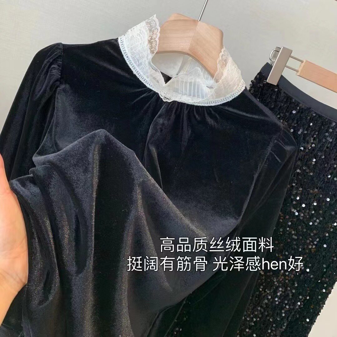 法式立领蕾丝拼接黑色丝绒衬衫女秋冬2024新款喇叭袖气质小衫上衣