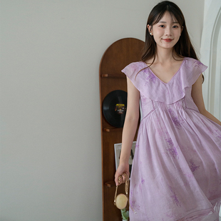 法式长裙沙滩裙新款苎麻印花碎花连衣裙女夏高级感海边度假裙子