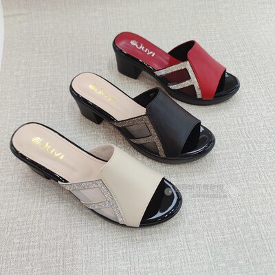 巨一女鞋2025夏季新粗跟高跟凉拖鞋罗马网纱一字拖妈妈鞋33911