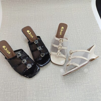 巨一女鞋2025夏季新粗跟高跟坡跟厚底凉拖鞋罗马网纱一字拖35021