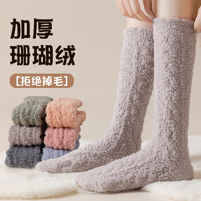 长筒袜子女秋冬珊瑚绒小腿袜加厚毛绒居家睡眠袜孕妇产后保暖长袜