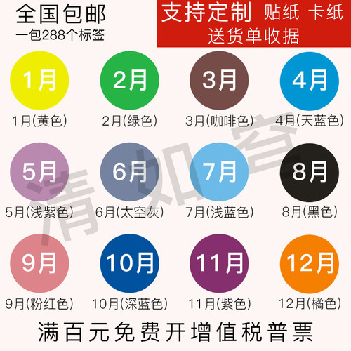彩色月份数字贴纸1-圆形不干胶