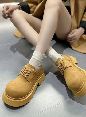 2025新款米奇大头德比鞋真皮黄色皮鞋男女同款情侣鞋厚底休闲单鞋