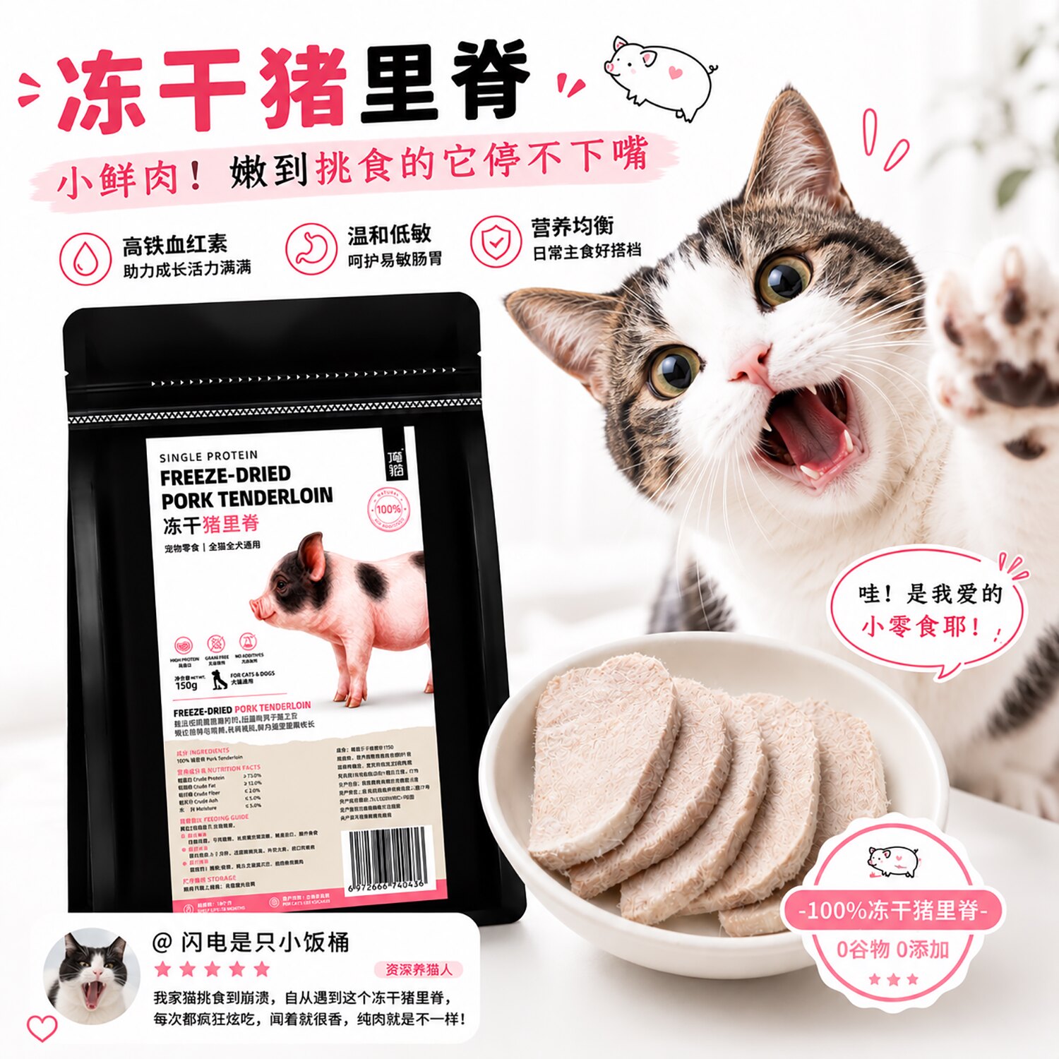 俺猫冻干猪里脊西班牙进口猫咪零食纯肉冻干高蛋白低脂肪猫狗通用