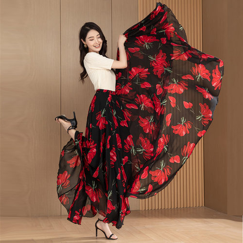 2025新款雪纺半身裙夏女720度大摆长裙垂坠感a字长款气质绝美伞裙