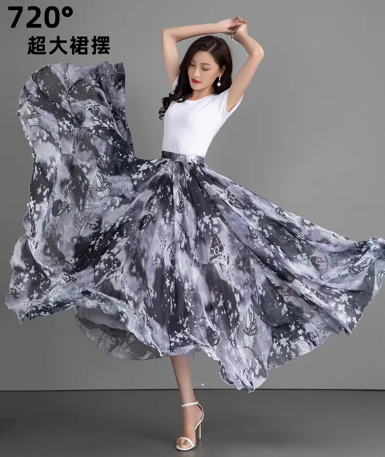 720度2025新款雪纺大摆半身裙高腰显瘦花色垂坠飘逸舞蹈及踝长裙