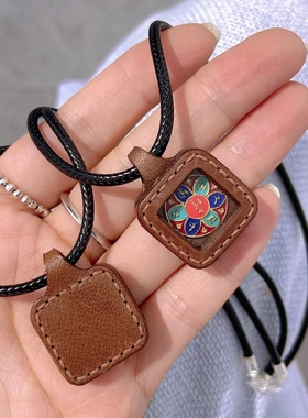 皮绳银扣六字真言五路财神西藏传手绘唐卡项链锁骨百搭男女饰品