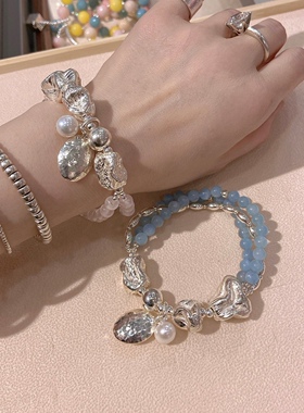 天然粉色水晶海蓝宝纯银不规则个性多层手串女手链重工礼物