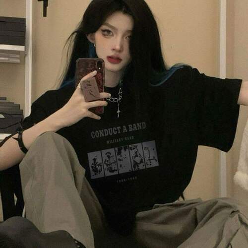 黑色宽松短袖T恤女夏季新款纯棉圆领体恤设计感小众显瘦百搭上衣