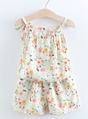 特价清仓夏装新款女童棉绸套装上衣裤子女宝宝绵绸吊带短裤两件套