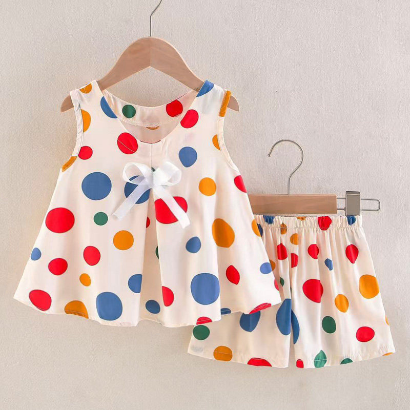 夏装女童套装外穿宝宝背心女童短裤套装小童家居服薄款棉绸套装