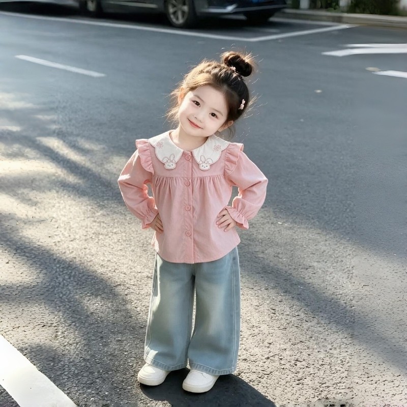 特价女童长袖衬衫春秋新款小儿童纯棉洋气娃娃领衬衣宝宝上衣童装