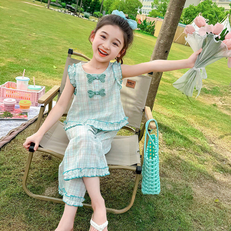 女童夏季套装2026新款小童国风格子薄款花边洋气女宝宝两件套夏天图片